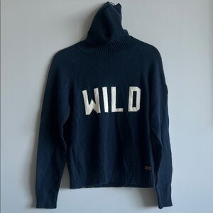 Wanakome Navy Turtleneck Sweater with Bold 'WILD' Design